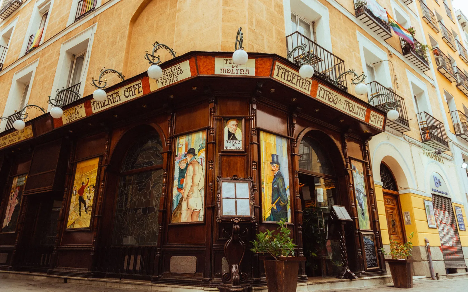 The tiled facade of a historic tavern in central Madrid, Spain