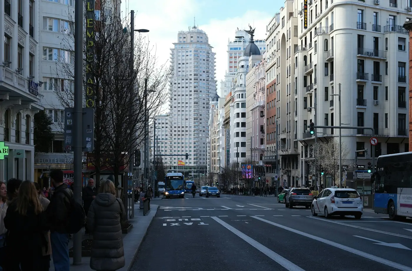 Traffic on Gran Via in central Madrid in daylight