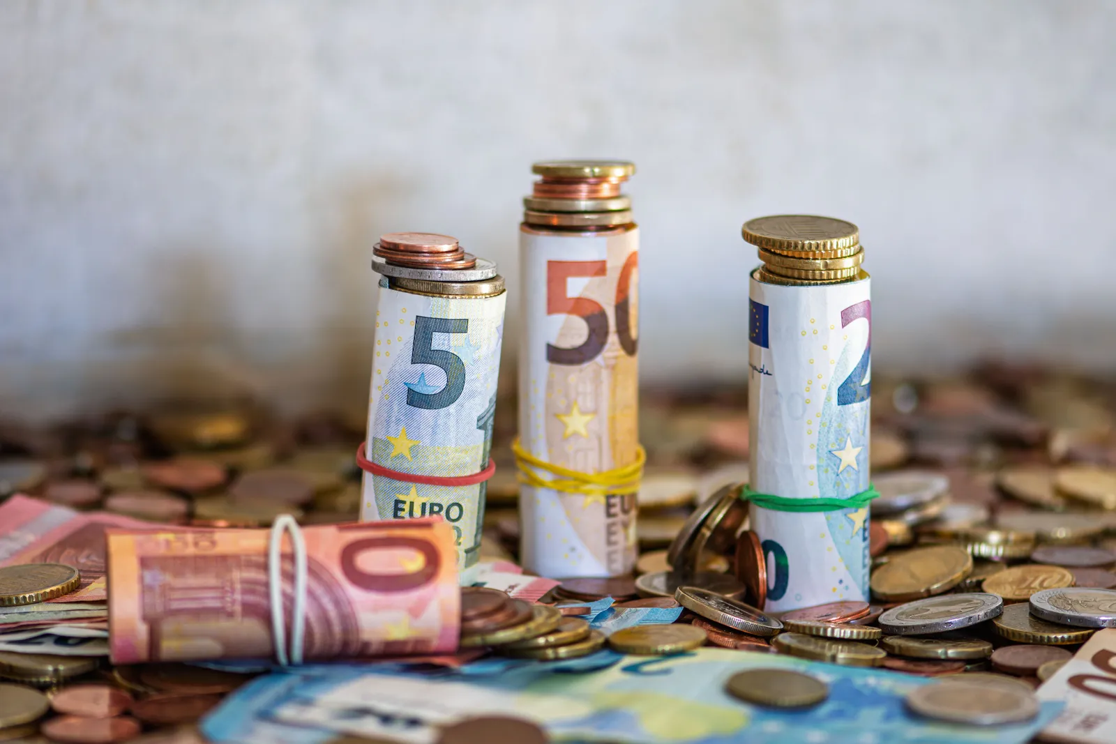 Euro notes and coins on a table, Spain