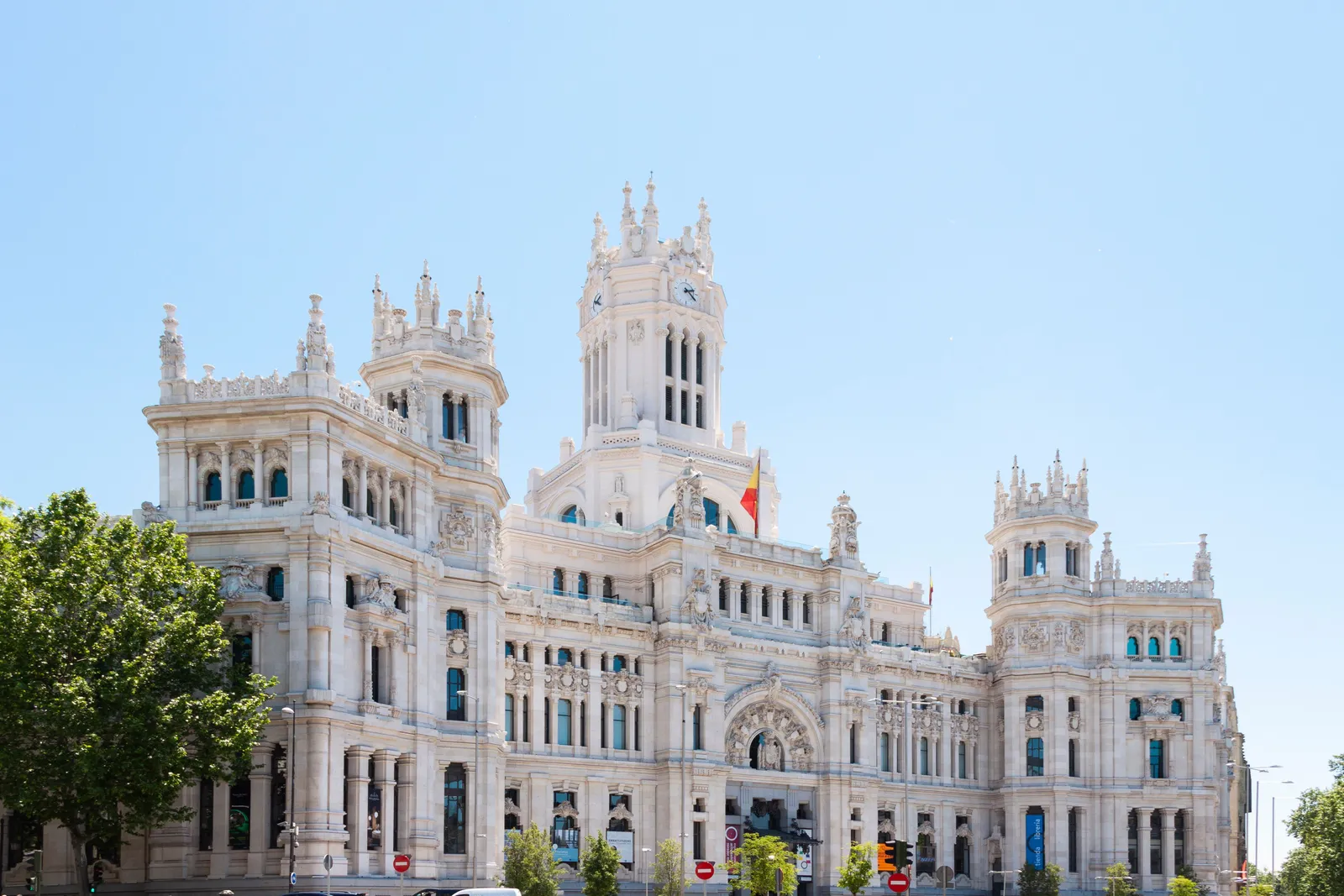 The Cibeles Palace in central Madrid, Spain, seen from the street in daylight