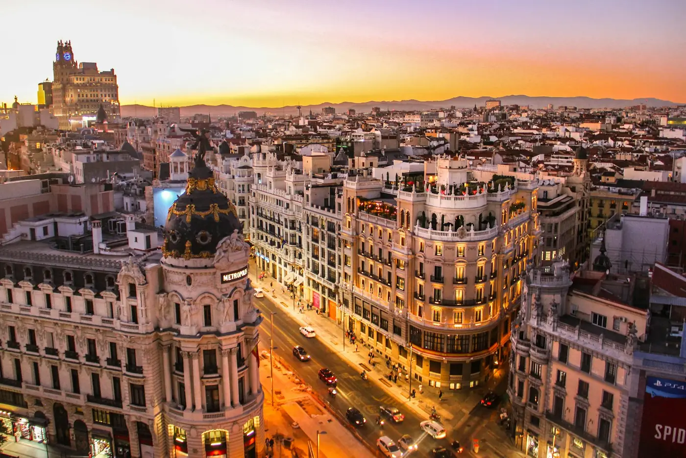 An aerial view over the rooftops and streets of central Madrid, Spain