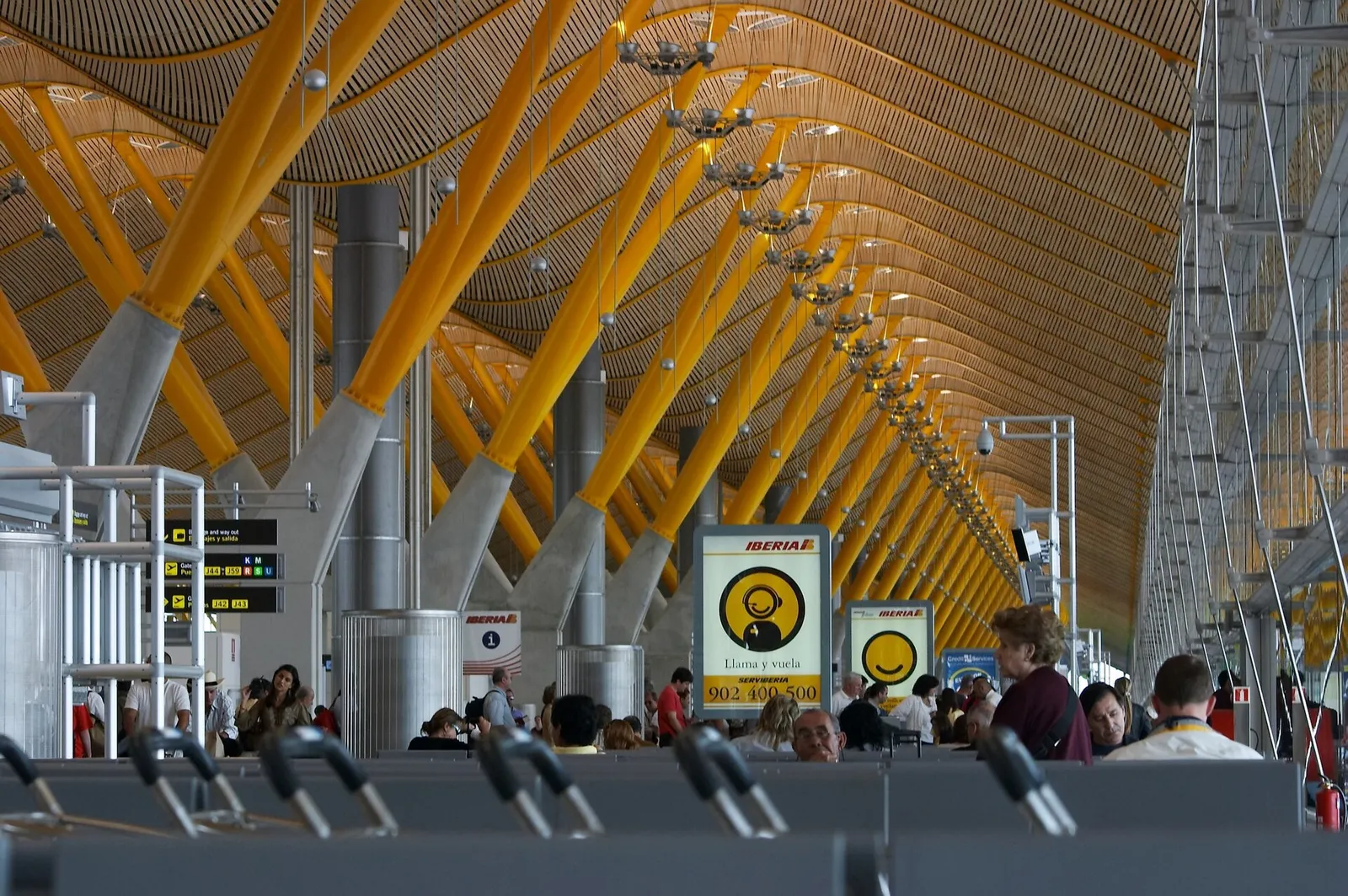 The bright modern terminal building of Madrid Barajas airport in Spain