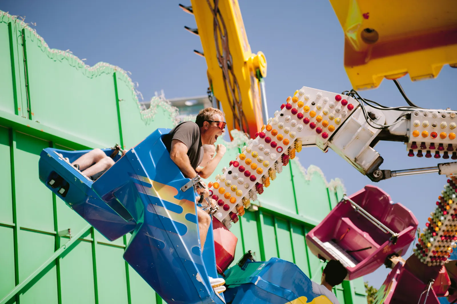 A fairground ride in motion at the amusement park in Madrid, Spain