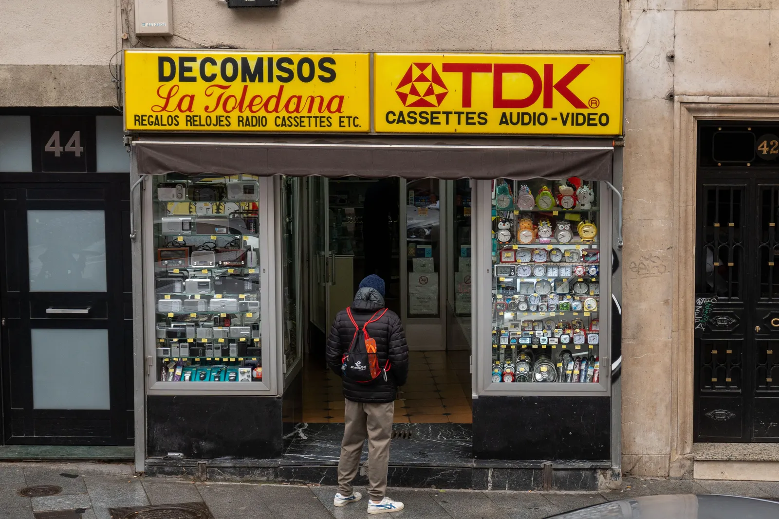 The window of a vintage electronics shop on a Madrid street, Spain