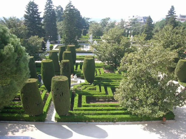 Rows of cylindrically clipped hedges in a geometric garden, framed by tall trees
