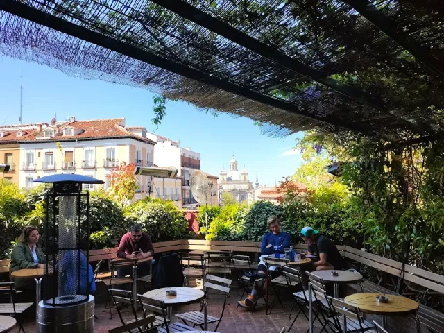 A rooftop terrace with a reed canopy, people sitting at tables and a view of roofs around
