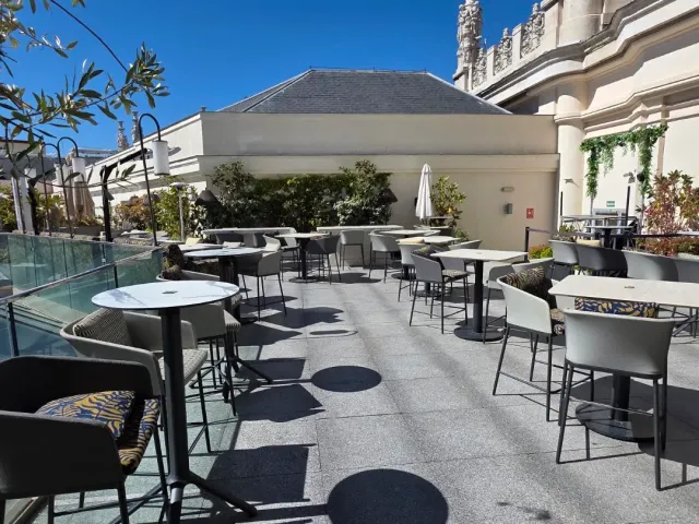 A rooftop terrace with round tables and grey armchairs, and an ornate stone building behind