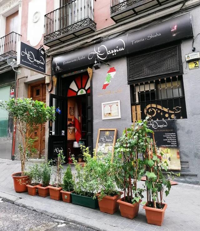 A restaurant facade with a Lebanese flag, dark signs and a row of potted plants on the sidewalk
