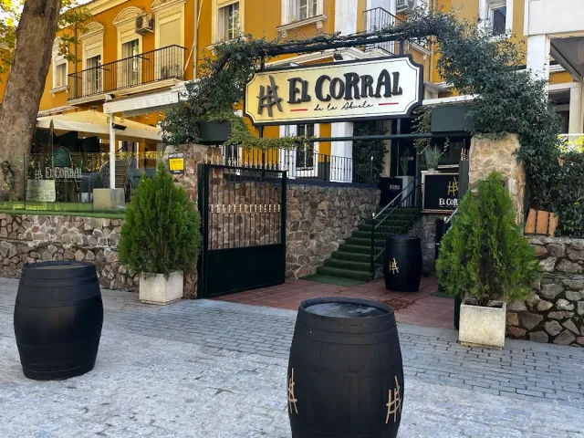 An entrance with a hanging sign above an iron gate, a stone wall, steps and black barrels on the pavement