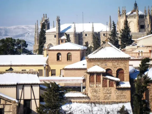 Snow covered tiled rooftops of an old town, with the spires of a Gothic building behind