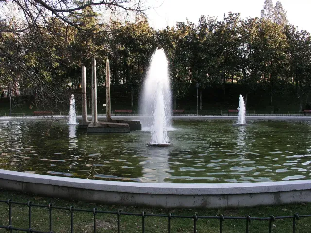 Tall water jets in a broad park basin, with tall trees around