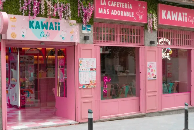 A pink frontage with hanging artificial flowers and lit display windows on the street