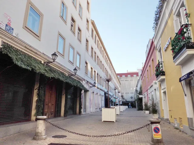 A paved pedestrian lane with pale facades, flowers on the balconies and white planters