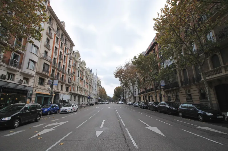 A wide city avenue with ornate balconied building fronts on both sides and trees in autumn colour