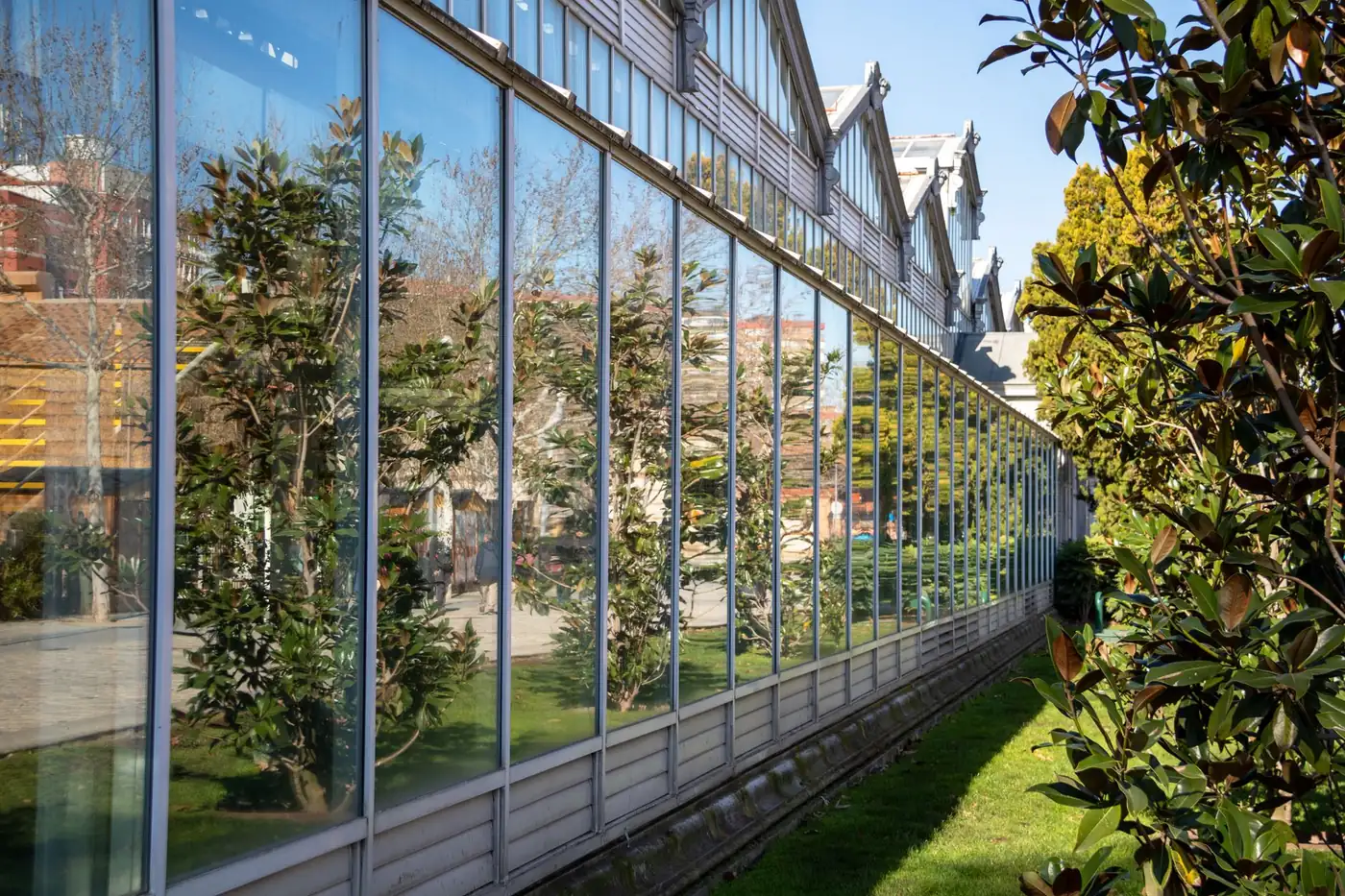 A glass-walled corridor running alongside a garden of trees and shrubs, Madrid, Spain
