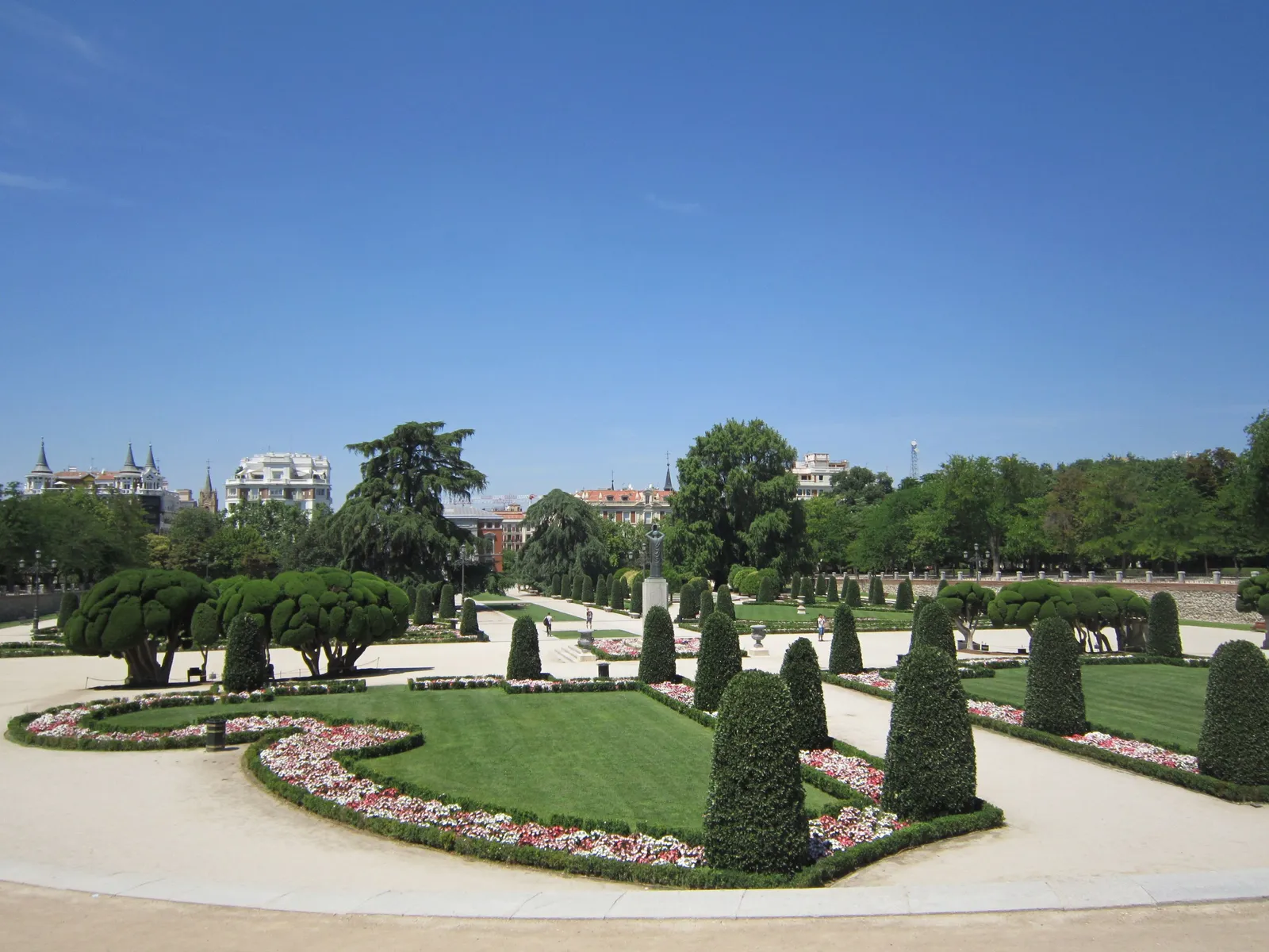 Formal hedged gardens with topiary in Retiro Park, Madrid, Spain