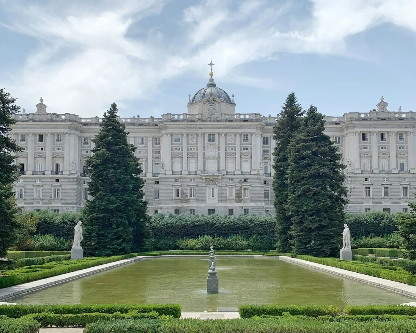 The Royal Palace of Madrid seen from the Sabatini Gardens in daylight