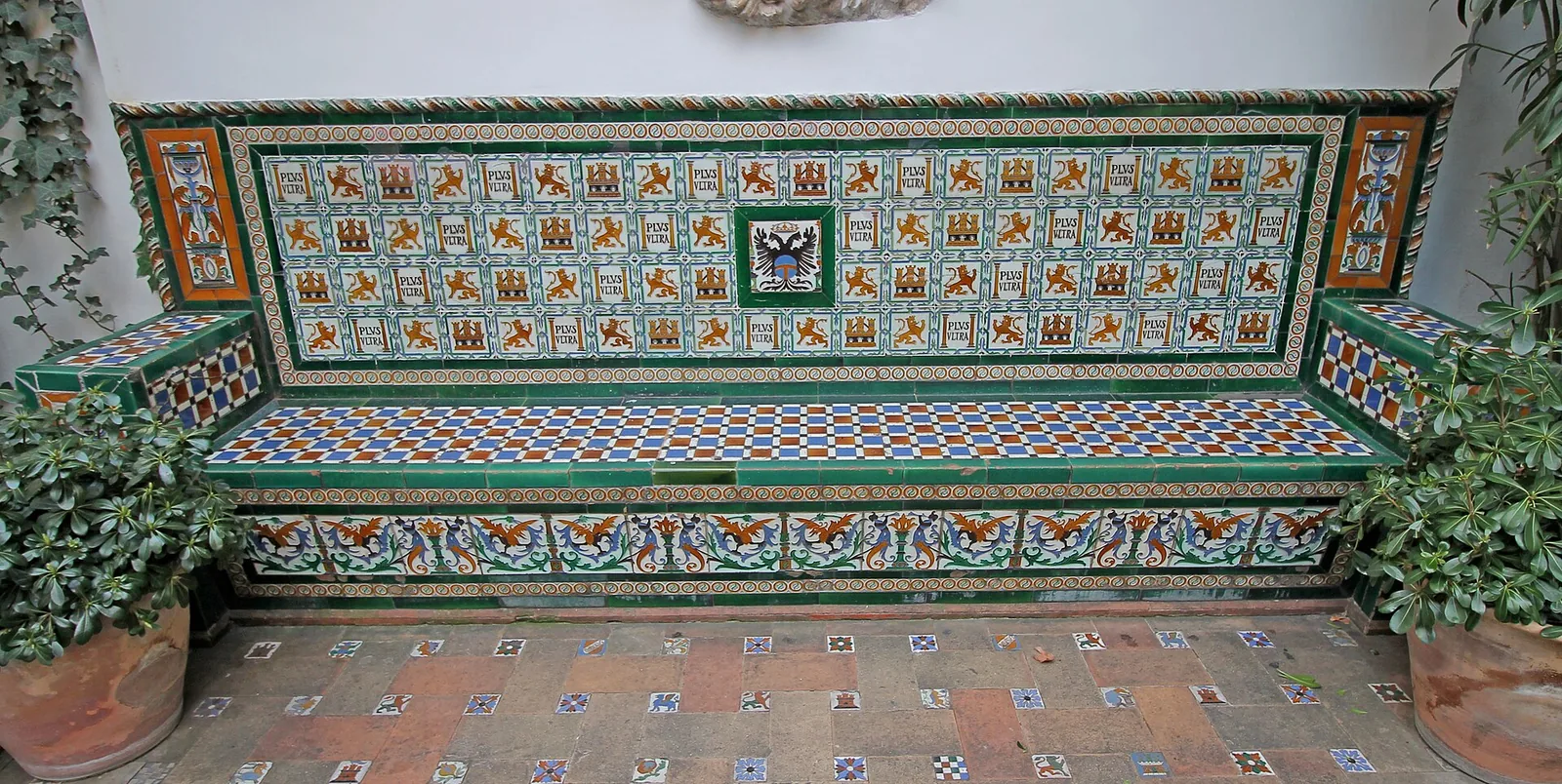 A tiled Sevillian bench in the garden of the Sorolla Museum in Madrid, Spain