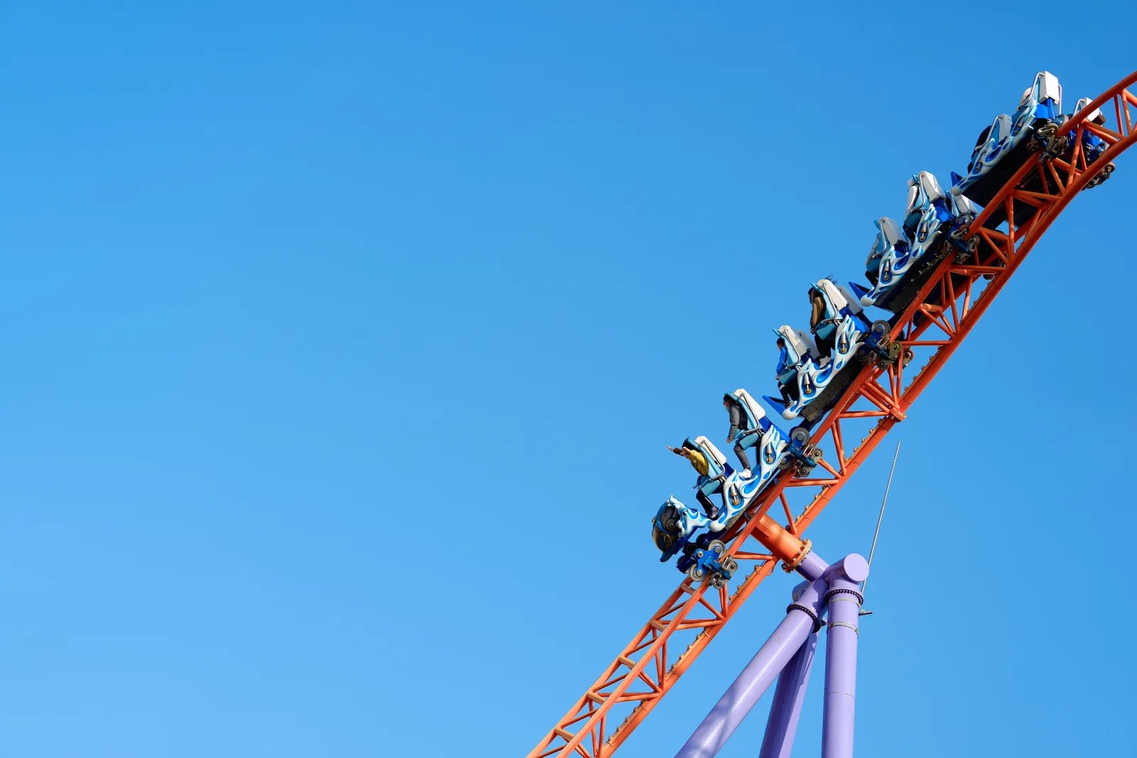 Roller coaster tracks against a clear blue sky at a theme park south of Madrid, Spain